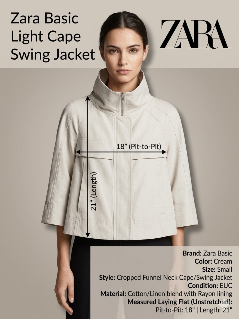 Zara Basic Cream Light Cape Swing Jacket Cropped Funnel Neck Small EUC 18” p2p